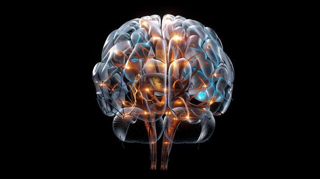 A brain with a tree growing out of it. The brain is surrounded by a blue and orange glow