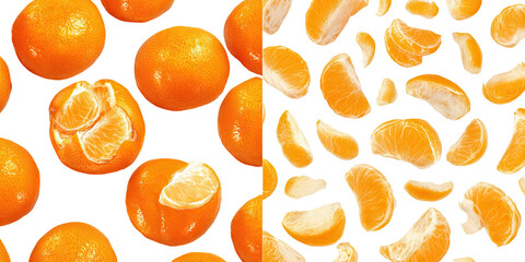 Mandarin oranges whole and sliced, vibrant orange, black background
