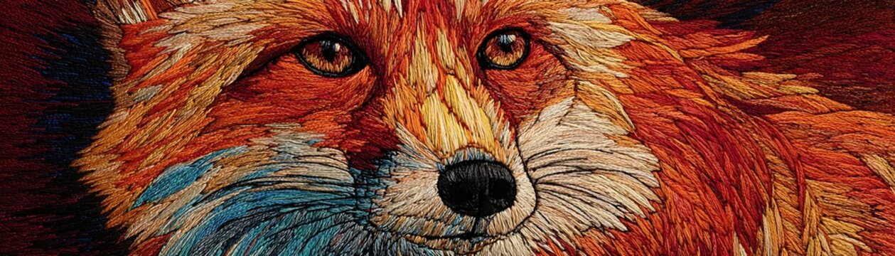 Detailed close up captures embroidered portrait of a wild canine creature