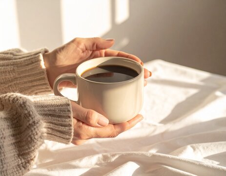 Moment du quotidien apaisant avec mains tenant une tasse de caf&eacute; en lumi&egrave;re matinale