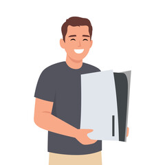 Happy Man Holding Next Generation Gaming Console. Flat vector illustration isolated on white background