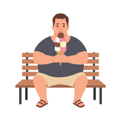 Overweight Man Eating Ice Cream on Park Bench. Flat vector illustration isolated on white background