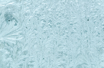 Close-up of intricate frost pattern on window glass, featuring delicate ice crystals and feathery formations against cold transparent surface. texture and frozen surface details themes.