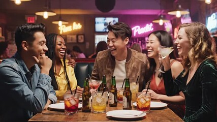 Friends enjoying drinks at a lively bar