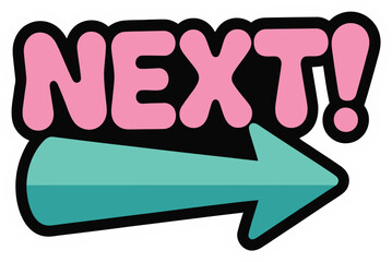 Next typography sticker with teal directional arrow icon for moving on vector illustration