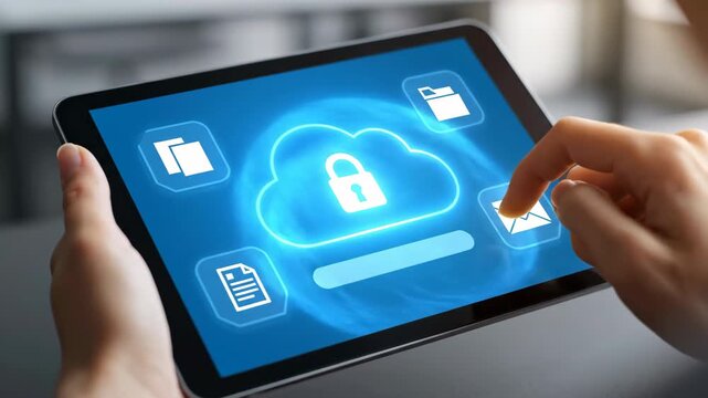 Close up of a person's hands using a tablet device with a glowing cloud security icon and digital data file icons.