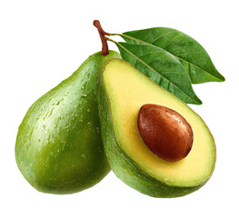 Fresh avocado halves with leaves.  A whole and halved avocado, vibrant green with visible moisture droplets, sit together.  Dark brown seed in the half.?Green leaves complete the image