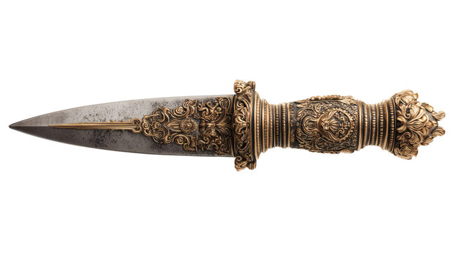 Ancient ritual dagger with ornate handle isolated on a white background