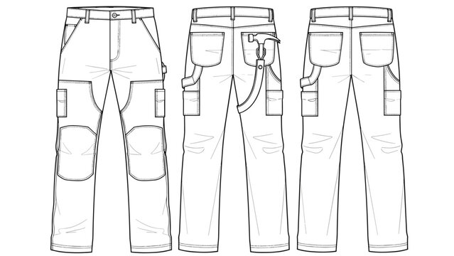Technical drawing illustration of rugged work pants for construction, engineering, or industrial use with cargo pockets, hammer loop and knee pads, showcases utility, durability,.