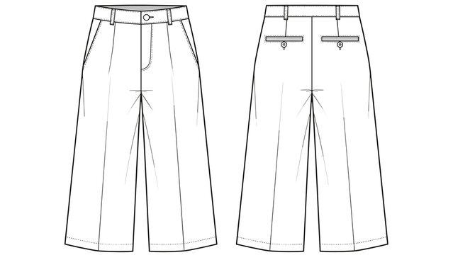 Culottes Fashion Technical Drawing Demonstrates Garment Design: Flat sketch of pleated wide-leg trousers show construction, style, and tailoring in a fashion design illustration fo.