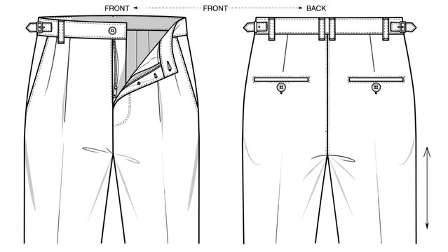 Elegant pleated trousers technical drawing showcases tailored menswear fashion design, perfect for illustrating sartorial style, apparel construction, garment patterns and sewing i.