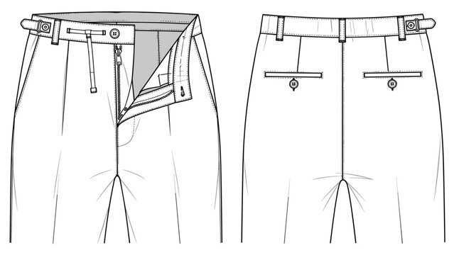 Elegant tailored trousers line drawing showcases menswear fashion design, emphasizing classic style for apparel presentations, technical sketches, and garment industry specificatio.