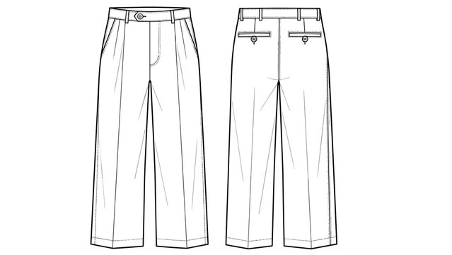 Wide-Leg Trousers Technical Fashion Drawing Shows Pleated High-Waisted Pants Design, Illustrating Tailoring Details for Garment Construction, Appealing to Designers and Pattern Mak.