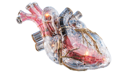 Human heart reimagined as bio tech engine, glowing tubes and chrome tissue, isolated on a white background