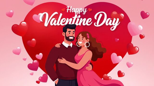 Couple embracing in front of a large heart with Valentine's Day greeting