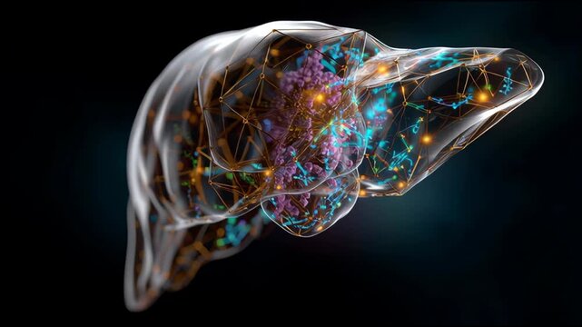 A colorful, abstract image of a liver. The liver is surrounded by a network of lines and shapes, giving it a futuristic and otherworldly appearance. The colors and shapes seem to be in constant motion