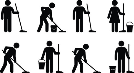Set of cleaning service icons featuring stick figures mopping the floor with buckets for professional housekeeping and janitorial maintenance services. (21 words) © Shihab Creative