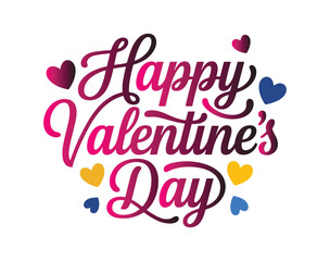 Happy Valentines Day handwritten text with colorful hearts.