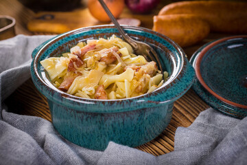 Pasta with sauerkraut and sausage.