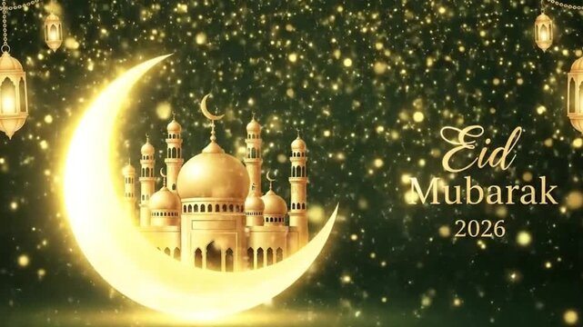 Eid Mubarak 2026 celebration with mosque on crescent moon and lanterns in night sky