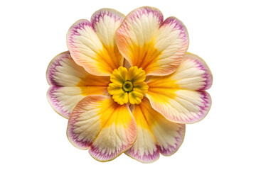 A vibrant primula flower with white, yellow, and purple petals, centered against a plain white background, showcasing its delicate beauty and intricate details.