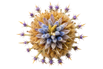 A stunning floral arrangement featuring a mix of blue and yellow flowers, set against a clean white background. The flowers are intricately arranged, showcasing their natural beauty and texture.
