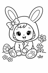 Obraz premium Adorable baby dressed in a bunny hoodie sits among flowers, egg, and butterfly in this cute line art, ideal for kids? coloring pages, Easter crafts, and nursery decor.