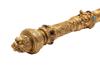 Ornate gold-colored staff with intricate carvings and jewels