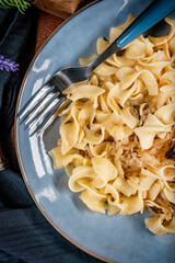 Pasta with sauerkraut and bacon.