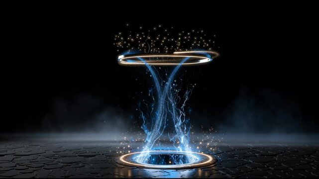 A blue and white water vortex with a hole in the middle. The water is flowing out of the hole and creating a blue and white smoke