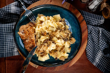 Pasta with sauerkraut and mushrooms.