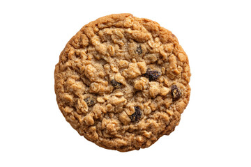 Close-up of a round oatmeal raisin cookie.  Top view, showcasing the cookie's texture with visible oats and raisins.  Golden brown color