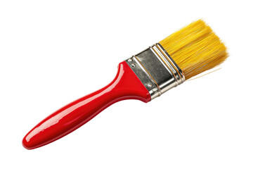 Close-up of a paintbrush with a red handle and yellow bristles
