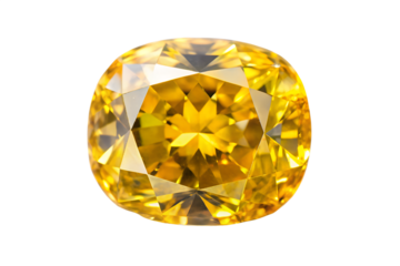 A stunning oval-cut yellow diamond gemstone is showcased against a plain white background, highlighting its intricate facets and vibrant color. The gemstone's clarity and brilliance are on full