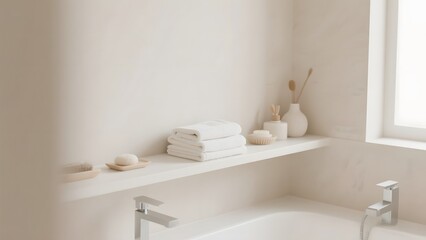 Serene and minimalist modern bathroom interior with elegant white towels and simple decor, creating a tranquil space for relaxation and self-care