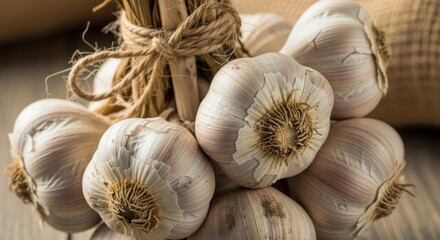 A bundle of fresh garlic tied with twine on a rustic wooden surface, showcasing natural, wholesome ingredients