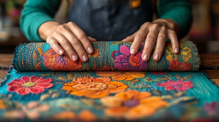 Hands rolling a vibrant, floral embroidered turquoise fabric. Perfect for DIY craft blogs, interior design websites, cultural heritage articles, and sustainable fashion or textile magazines.
