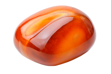A close-up image of a polished carnelian gemstone, showcasing its vibrant orange-red hue and smooth, glossy surface. The gemstone is oval in shape and features subtle banding patterns