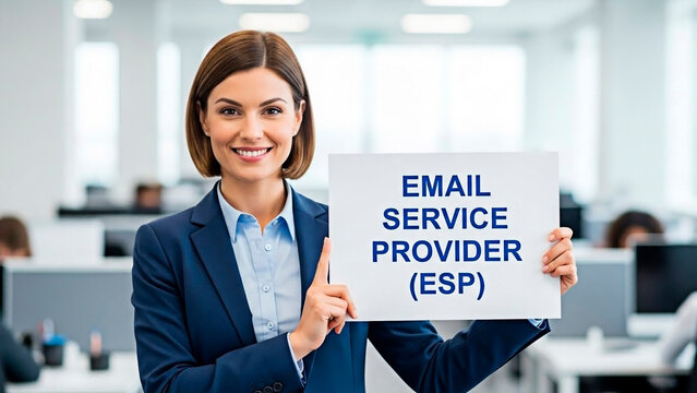 A smiling businesswoman holding an email service provider sign in a modern office
