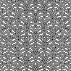 Fish scale wallpaper. Asian traditional ornament with repeated scallops. Repeated white curves on black background. Seamless surface pattern design with semicircles. Grid motif. Digital paper. Vector. © funkyplayer