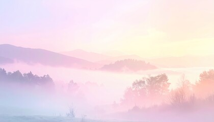 Ethereal Pastel Misty Landscape at Dawn. Soft pink and purple fog drapes over distant mountains and tranquil forest.