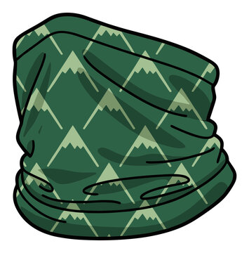 Green tubular neck gaiter or bandana with a repeating light green mountain pattern. Isolated transparent background ( include cut-out PNG file ).