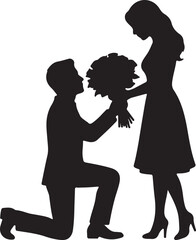 Silhouette of a man kneeling while presenting a large bouquet of flowers to a standing woman