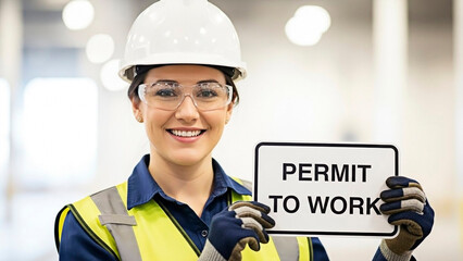 A smiling woman in a hard hat holding a permit to work sign in a construction site