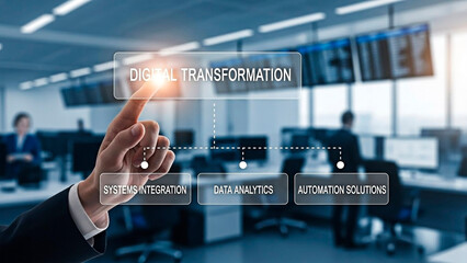 A businessman touching a digital transformation interface in a modern office