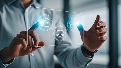 A man interacting with a virtual law interface in a modern office setting