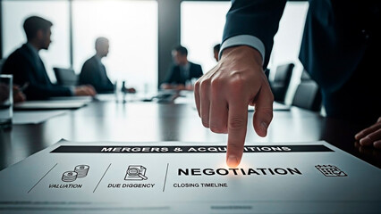 A businessman pointing to a negotiation document in a meeting room with colleagues