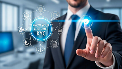 A businessman interacting with a KYC interface in a modern office