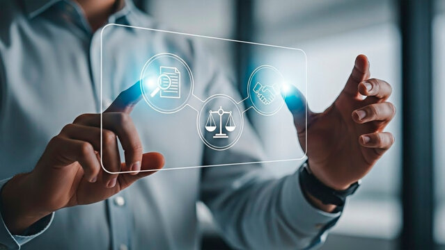 A man interacting with a virtual law interface in a modern office setting - Powered by Adobe