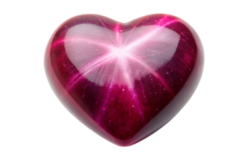 A heart shaped object with a pink and purple glittering surface, reflecting light and creating a starburst effect in the center.